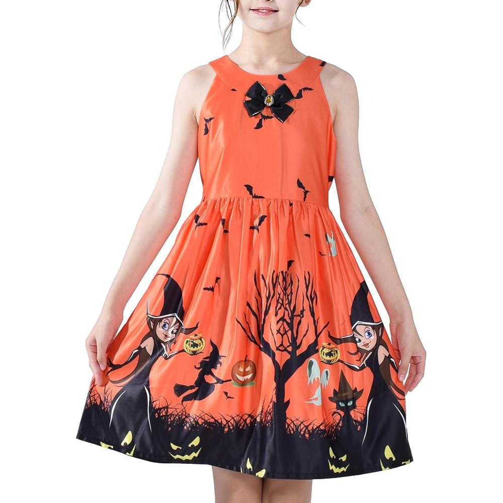 imageSunny Fashion Girls Dress Halloween Party Witch Bat Pumpkin Halter DressOrange
