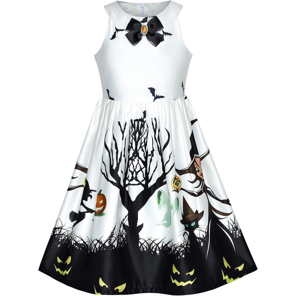 imageSunny Fashion Girls Dress Halloween Party Witch Bat Pumpkin Halter DressWhite