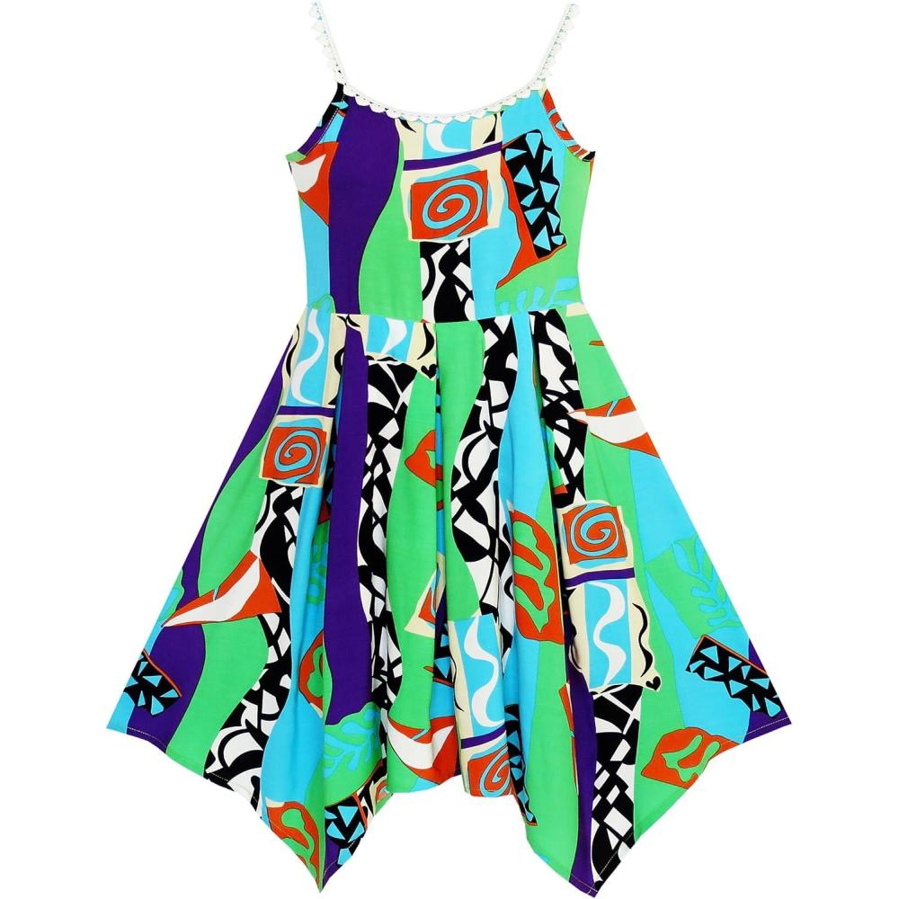 imageSunny Fashion Girls Dress Halter Color Block Print Hanky Hem Size 714