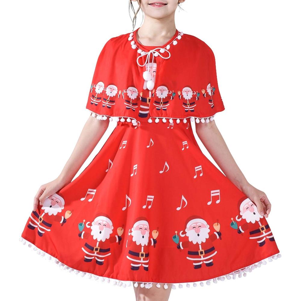 imageSunny Fashion Girls Dress Jingle Bell Red Cape Cloak Christmas New YearSanta Red
