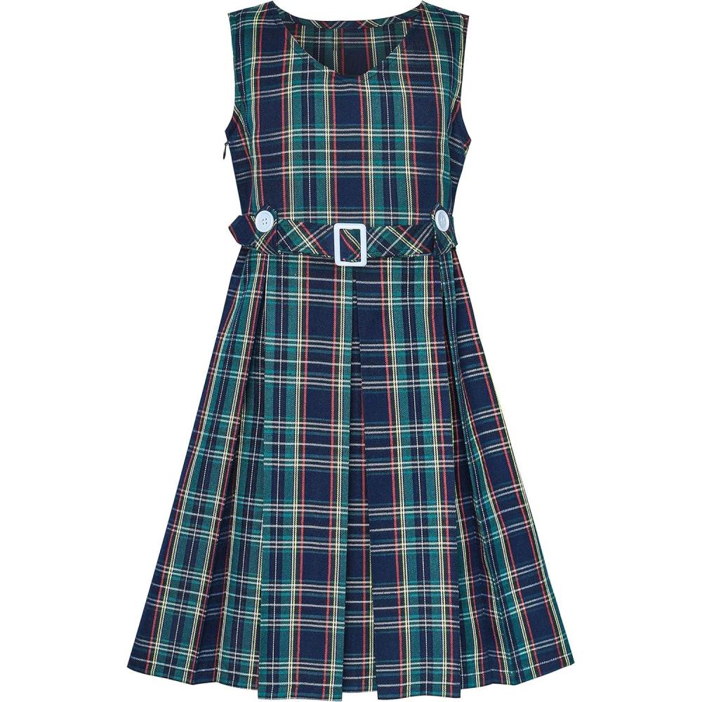 imageSunny Fashion Girls Dress Khaki Button Back School Pleated Hem Size 614Blue