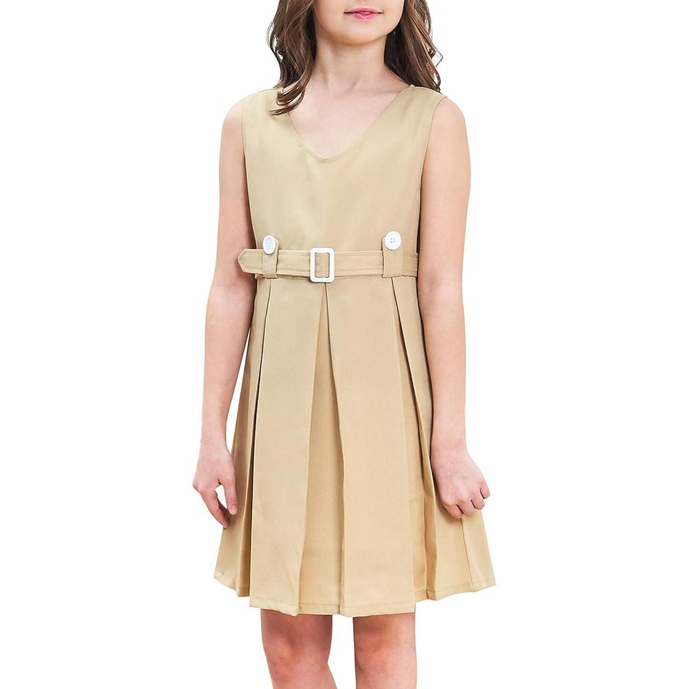imageSunny Fashion Girls Dress Khaki Button Back School Pleated Hem Size 614Wheat Color