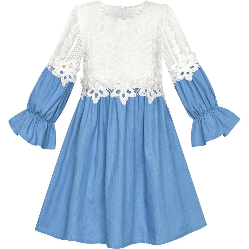 imageSunny Fashion Girls Dress Long Sleeve Lace Blue Aline School UniformBlue White