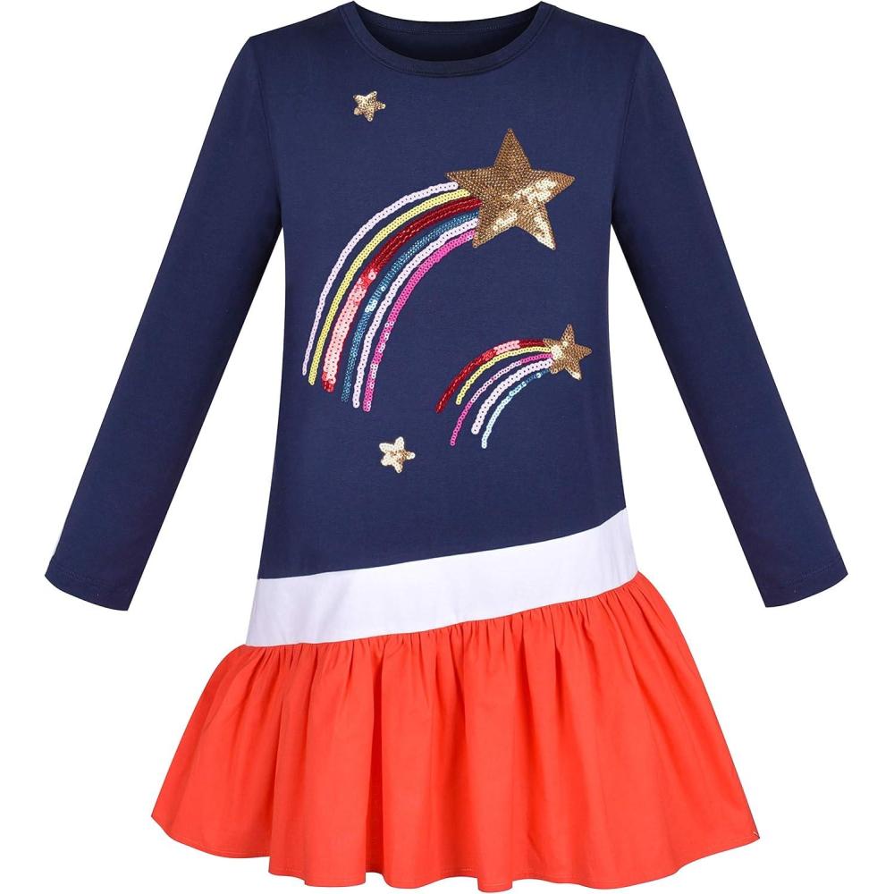 imageSunny Fashion Girls Dress Mermaid Princess Long Sleeve Pocket Casual CottonBlue Star