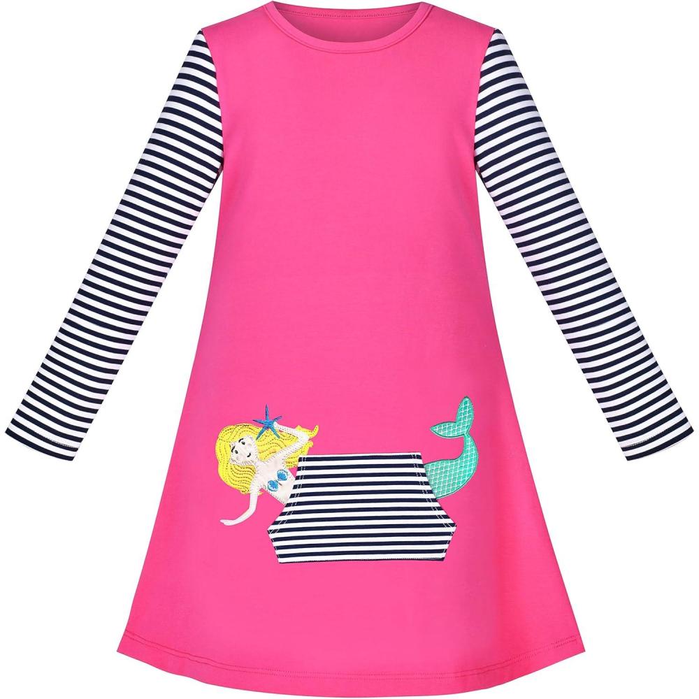 imageSunny Fashion Girls Dress Mermaid Princess Long Sleeve Pocket Casual CottonPink Mermaid