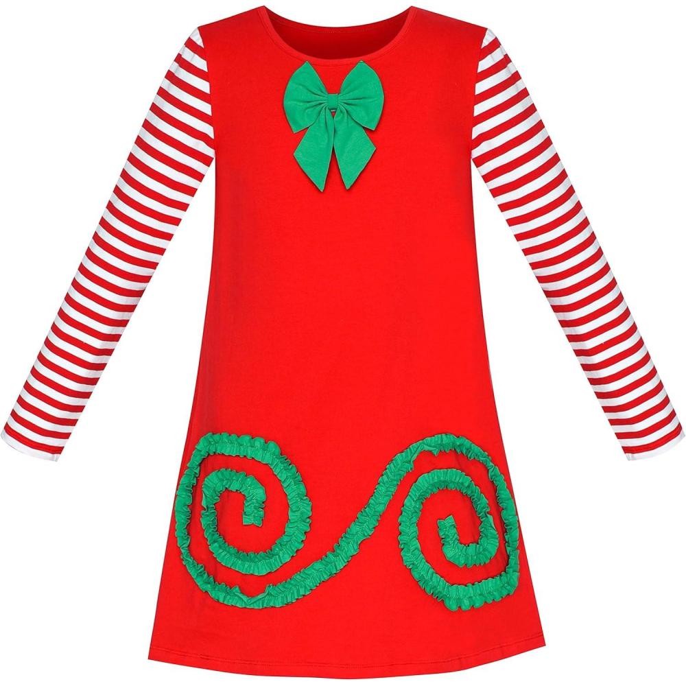 imageSunny Fashion Girls Dress Mermaid Princess Long Sleeve Pocket Casual CottonRed Striped