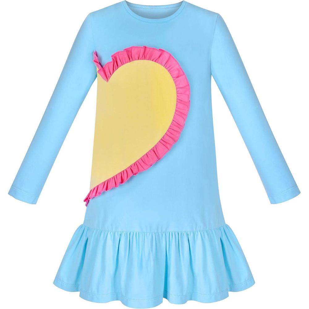 imageSunny Fashion Girls Dress Mermaid Princess Long Sleeve Pocket Casual CottonSky Blue Heart