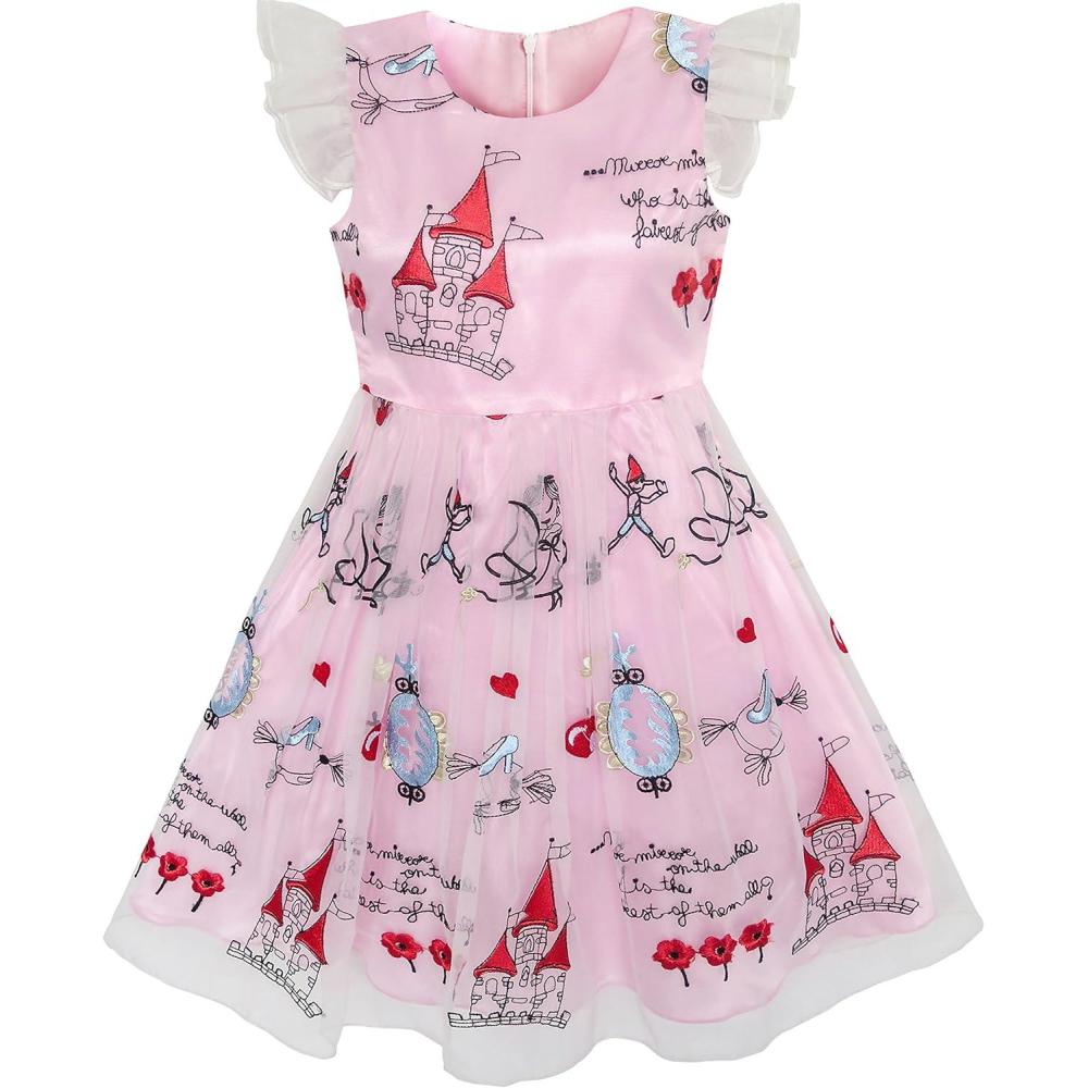 imageSunny Fashion Girls Dress Pink Cartoon Castle Princess Party Tulle Dress