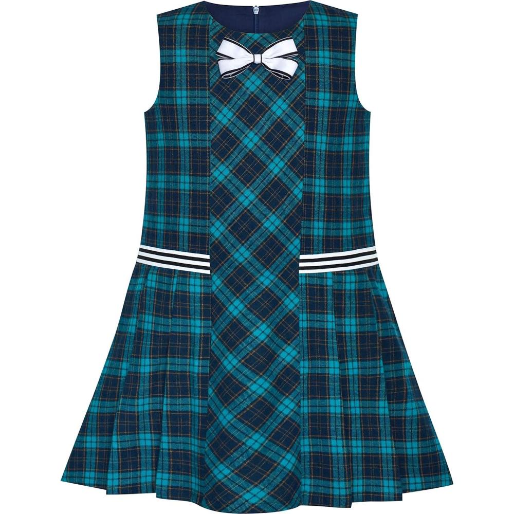 imageSunny Fashion Girls Dress Pink Tartan Back School Uniform Pocket Aline DressGreenish Blue