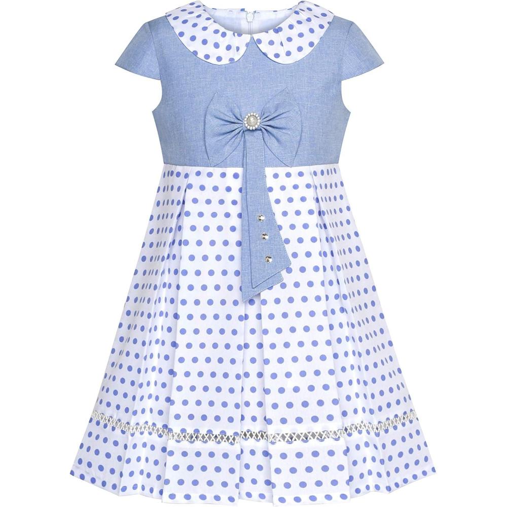 imageSunny Fashion Girls Dress Polka Dot School Bow Tie Pearl Cap Sleeve Size 414