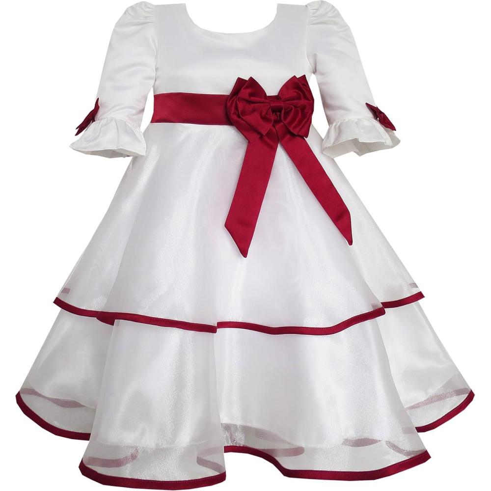 imageSunny Fashion Girls Dress Red Rose Bow Tie Lace Formal Party Long SleeveWhite