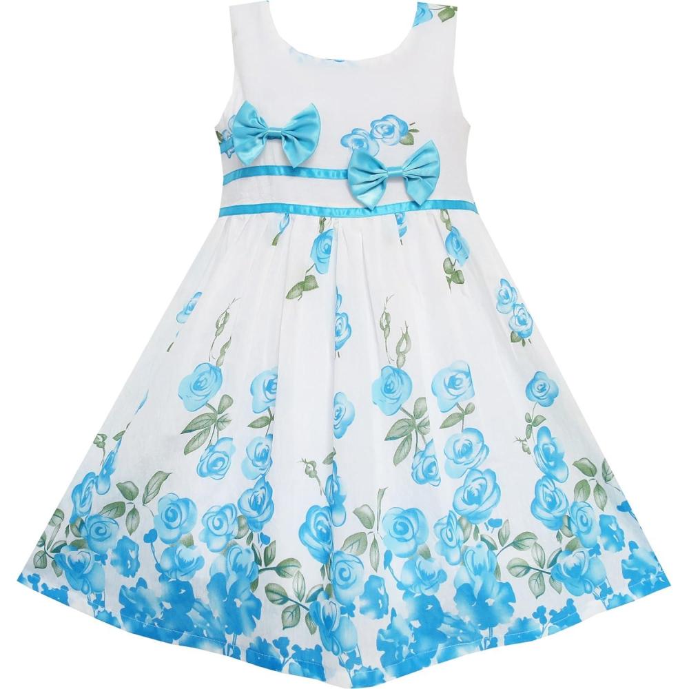 imageSunny Fashion Girls Dress Rose Flower Double Bow Tie Party SundressBlue