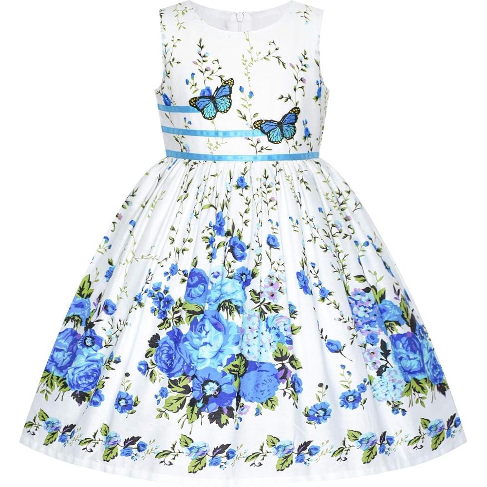 imageSunny Fashion Girls Dress Rose Flower Double Bow Tie Party SundressBlue Flower Butterfly