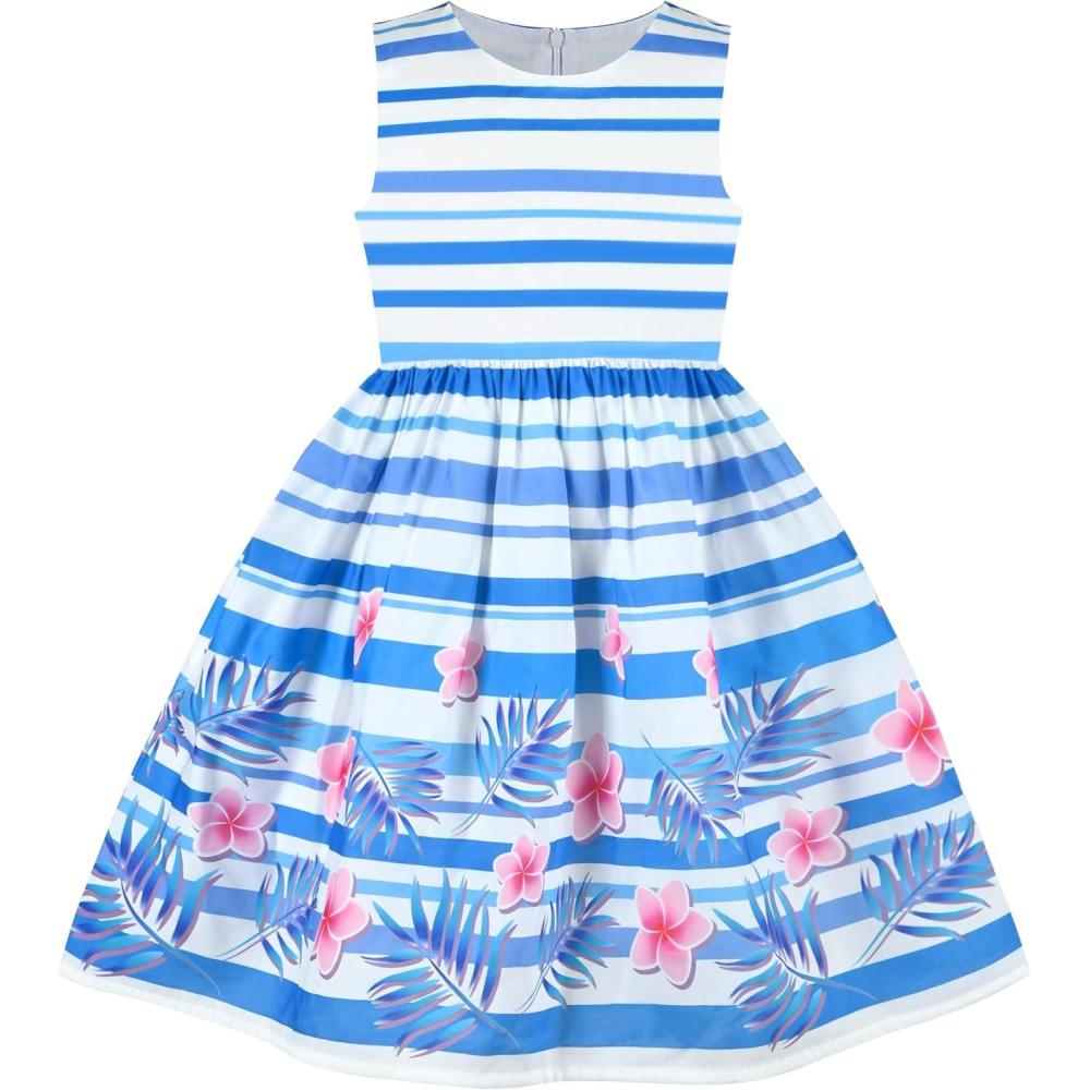 imageSunny Fashion Girls Dress Rose Flower Double Bow Tie Party SundressBlue Striped