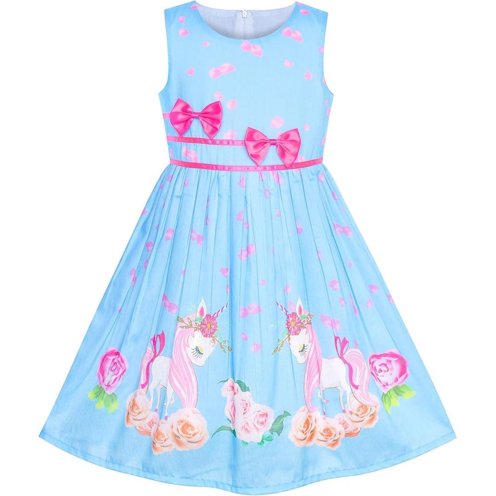 imageSunny Fashion Girls Dress Rose Flower Double Bow Tie Party SundressBlue Unicorn