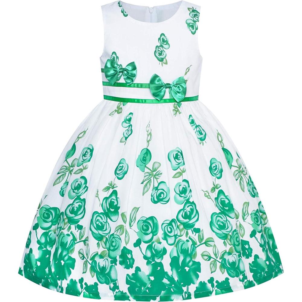 imageSunny Fashion Girls Dress Rose Flower Double Bow Tie Party SundressGreen Flower