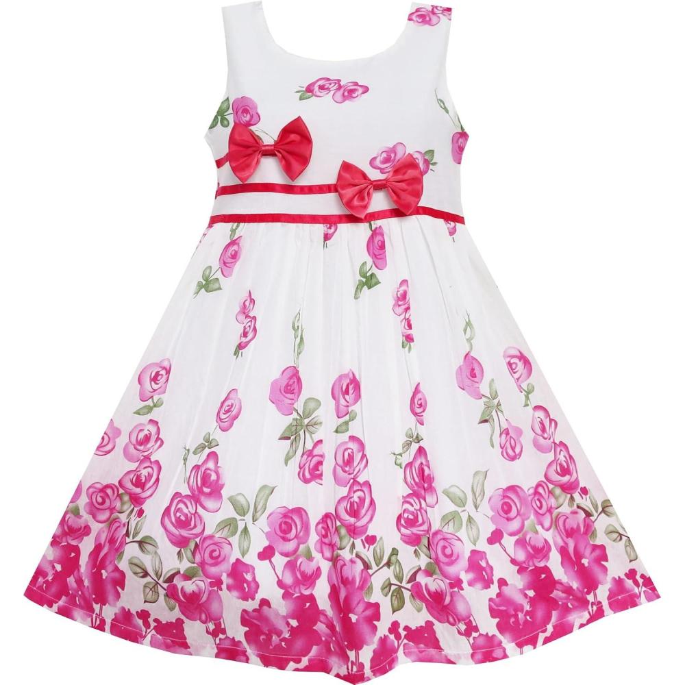 imageSunny Fashion Girls Dress Rose Flower Double Bow Tie Party SundressPink