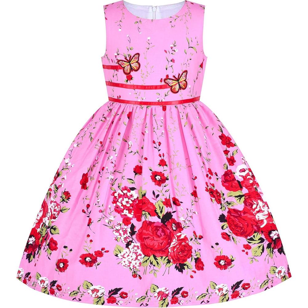 imageSunny Fashion Girls Dress Rose Flower Double Bow Tie Party SundressPink Flower Butterfly