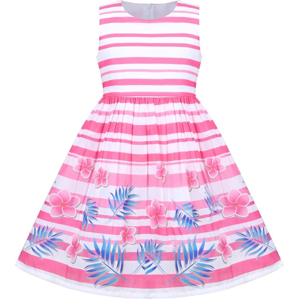 imageSunny Fashion Girls Dress Rose Flower Double Bow Tie Party SundressPink Striped