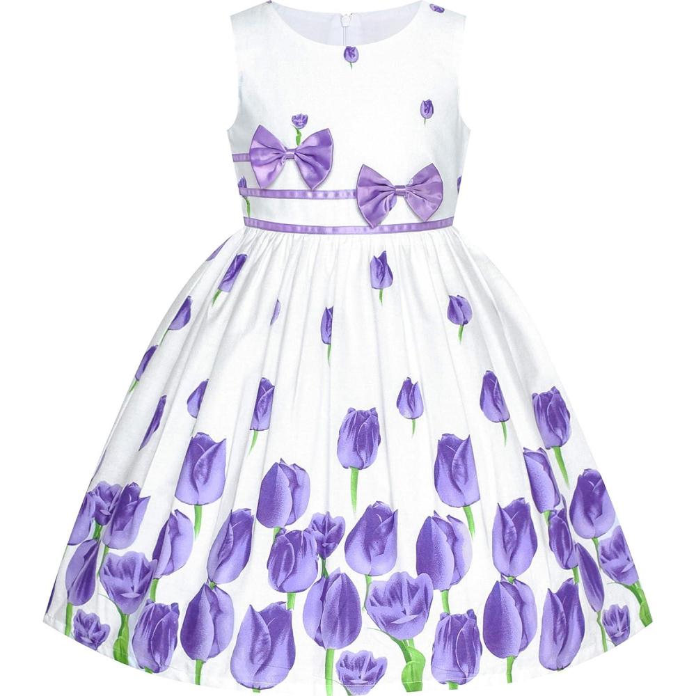 imageSunny Fashion Girls Dress Rose Flower Double Bow Tie Party SundressPurple Tulip