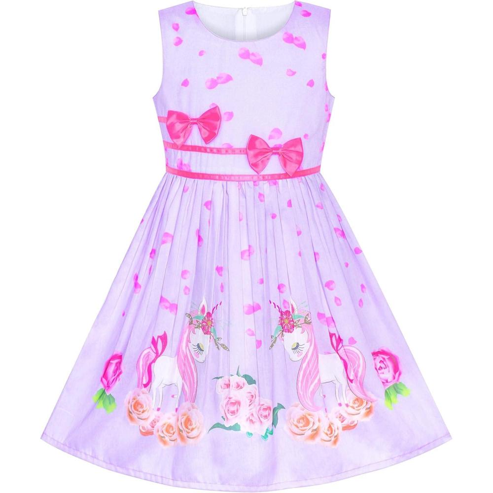 imageSunny Fashion Girls Dress Rose Flower Double Bow Tie Party SundressPurple Unicorn