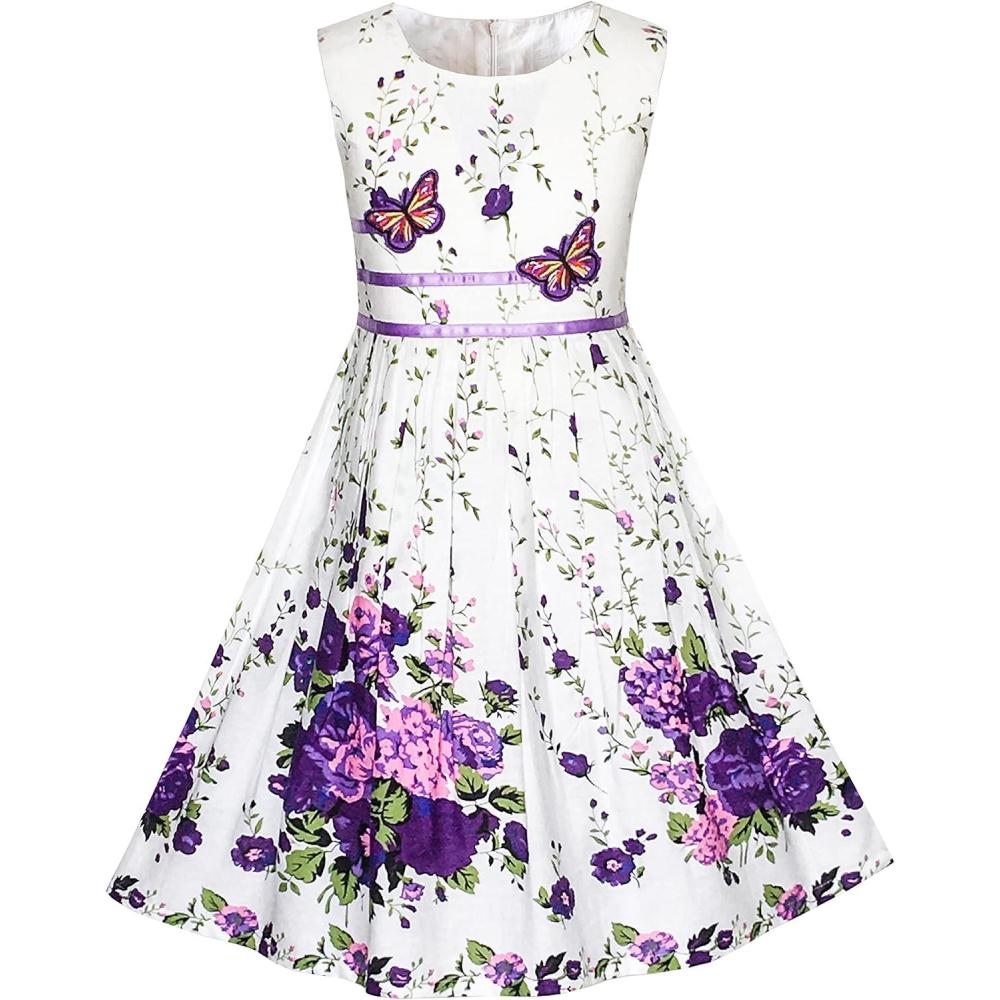imageSunny Fashion Girls Dress Rose Flower Double Bow Tie Party SundressPurple White