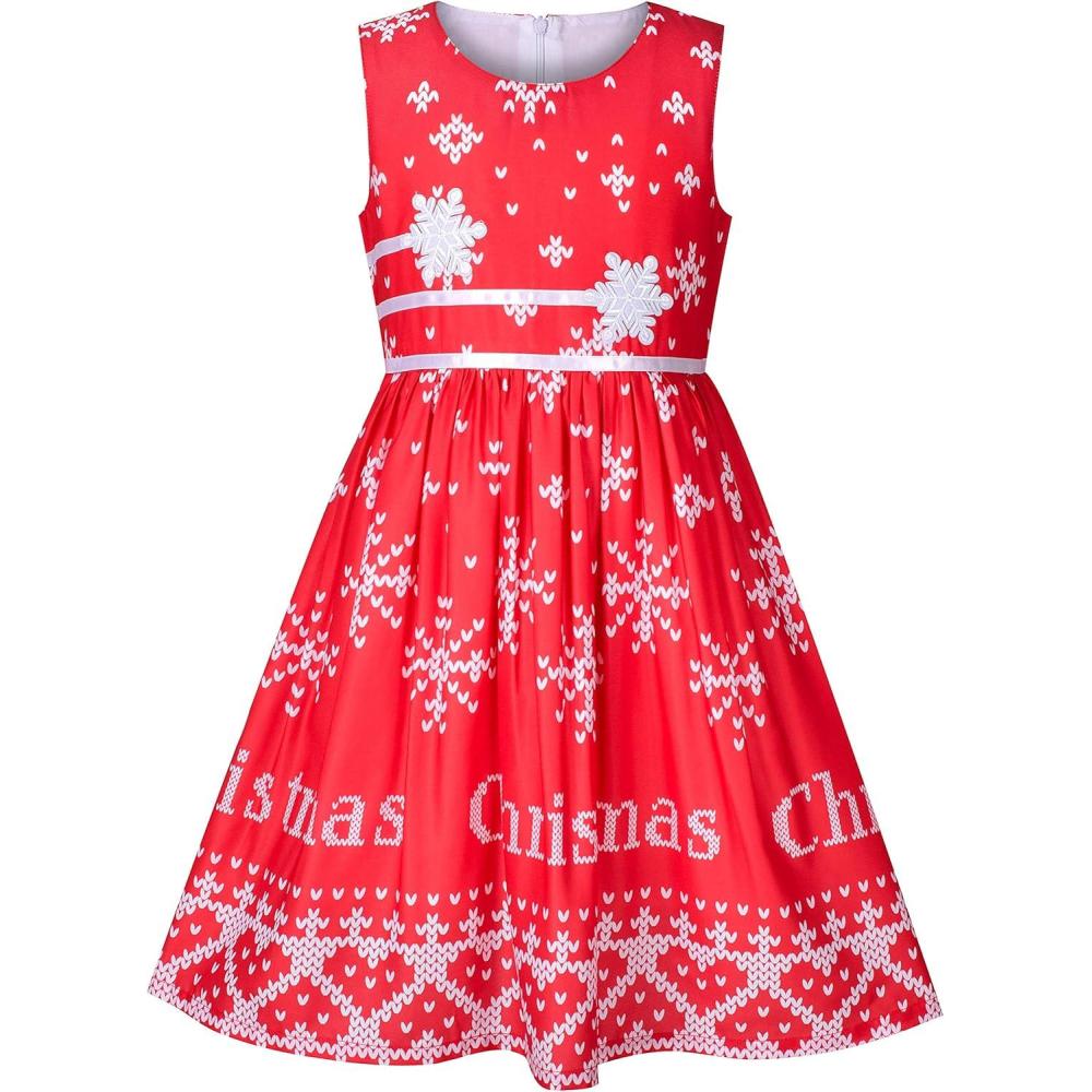 imageSunny Fashion Girls Dress Rose Flower Double Bow Tie Party SundressRed Snowflakes