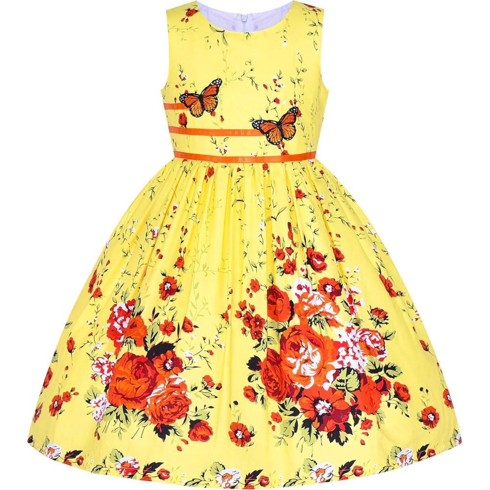imageSunny Fashion Girls Dress Rose Flower Double Bow Tie Party SundressYellow Flower Butterfly