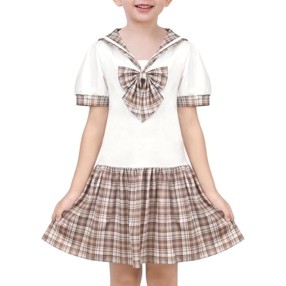 imageSunny Fashion Girls Dress Sailor School Uniform Navy Suit Size 614Beige Plaid