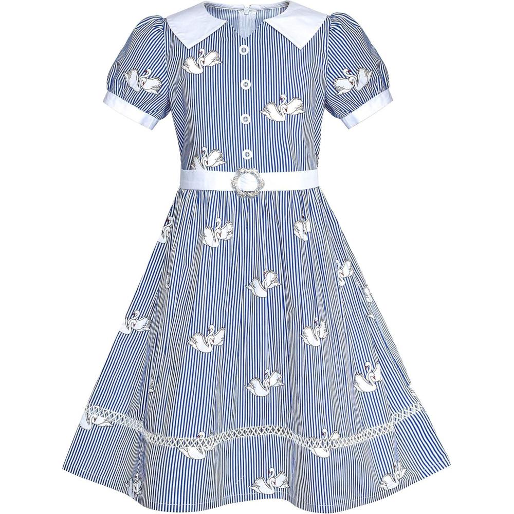 imageSunny Fashion Girls Dress School Uniform Blue Strip Floral Print GinghamBlue Swan