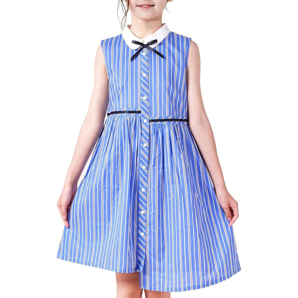 imageSunny Fashion Girls Dress School Uniform Letter Print Sleeveless Ruffle DressBlue Asymmetric