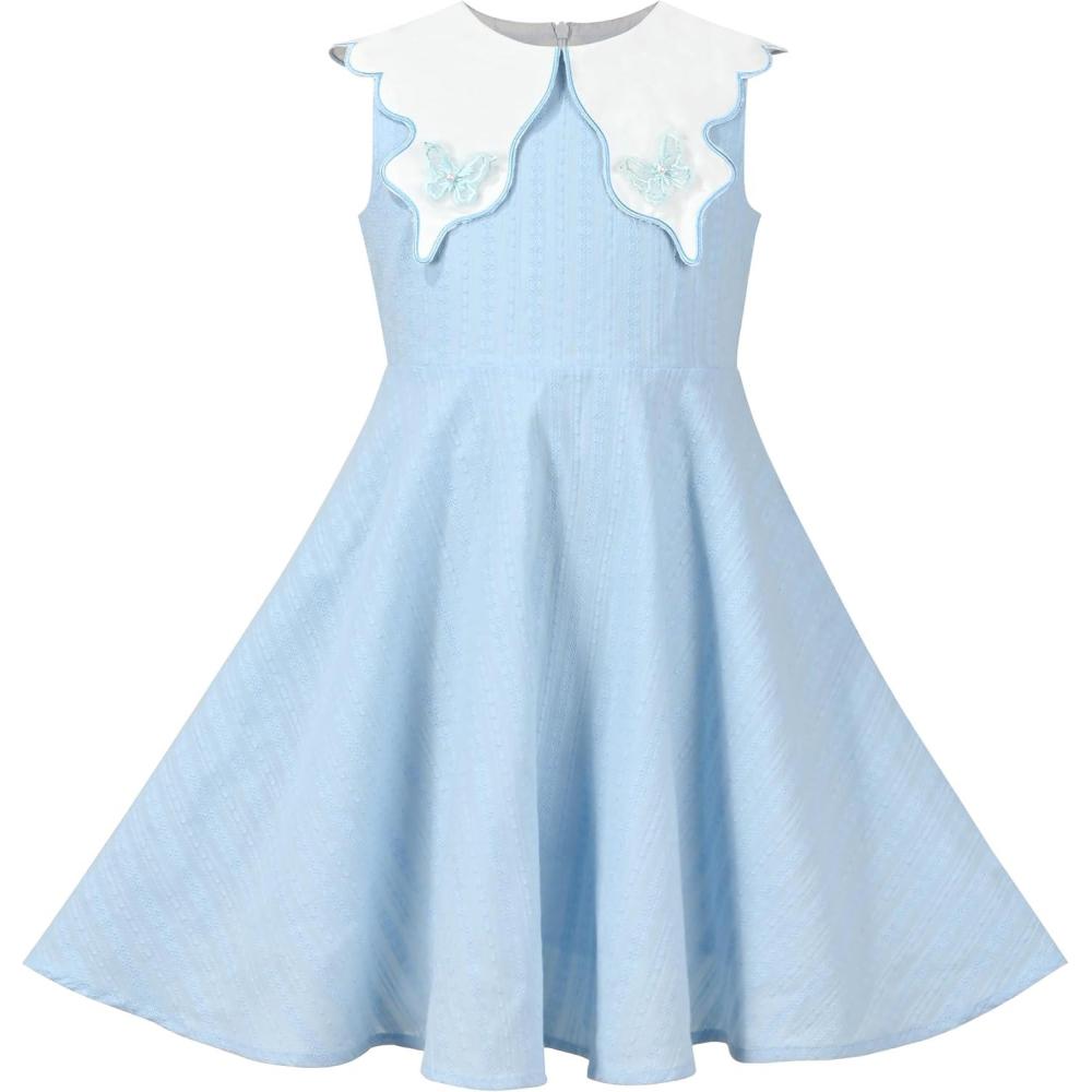 imageSunny Fashion Girls Dress School Uniform Letter Print Sleeveless Ruffle DressSky Blue