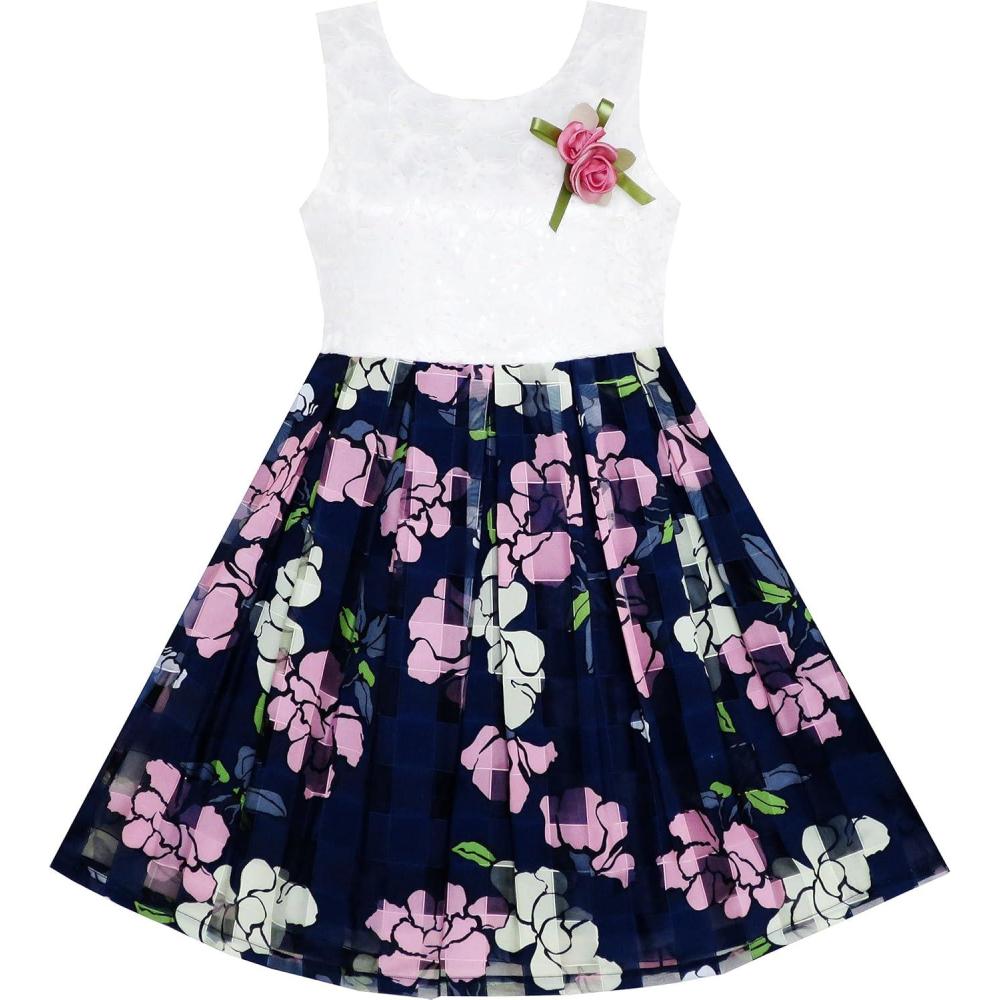 imageSunny Fashion Girls Dress Sequin Lace Plaid Checkered Tulle Flower Print