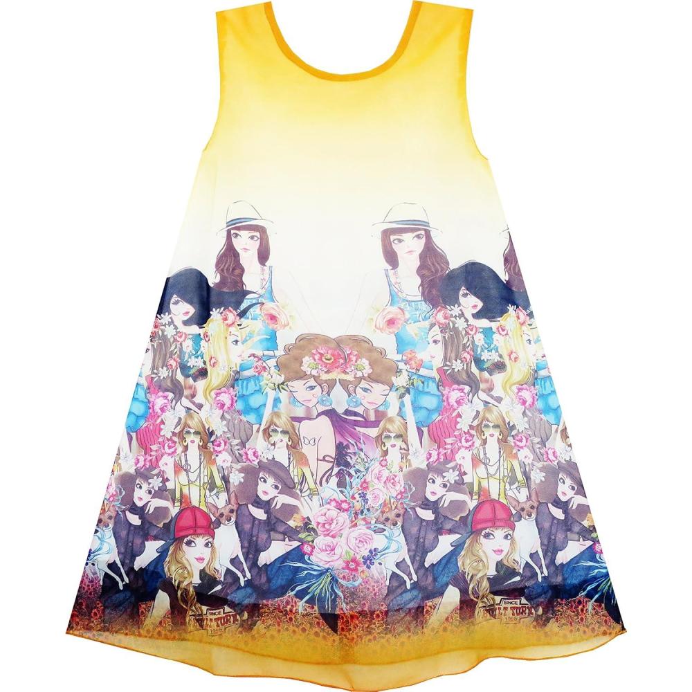 imageSunny Fashion Girls Dress Tank Modern People Figure Print Blue Size 714