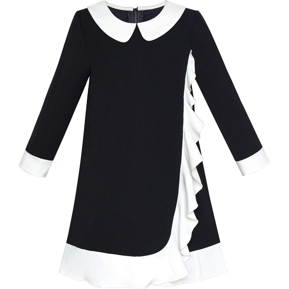 imageSunny Fashion Girls Dress White Collar Long Sleeve School Uniform Size 510Black