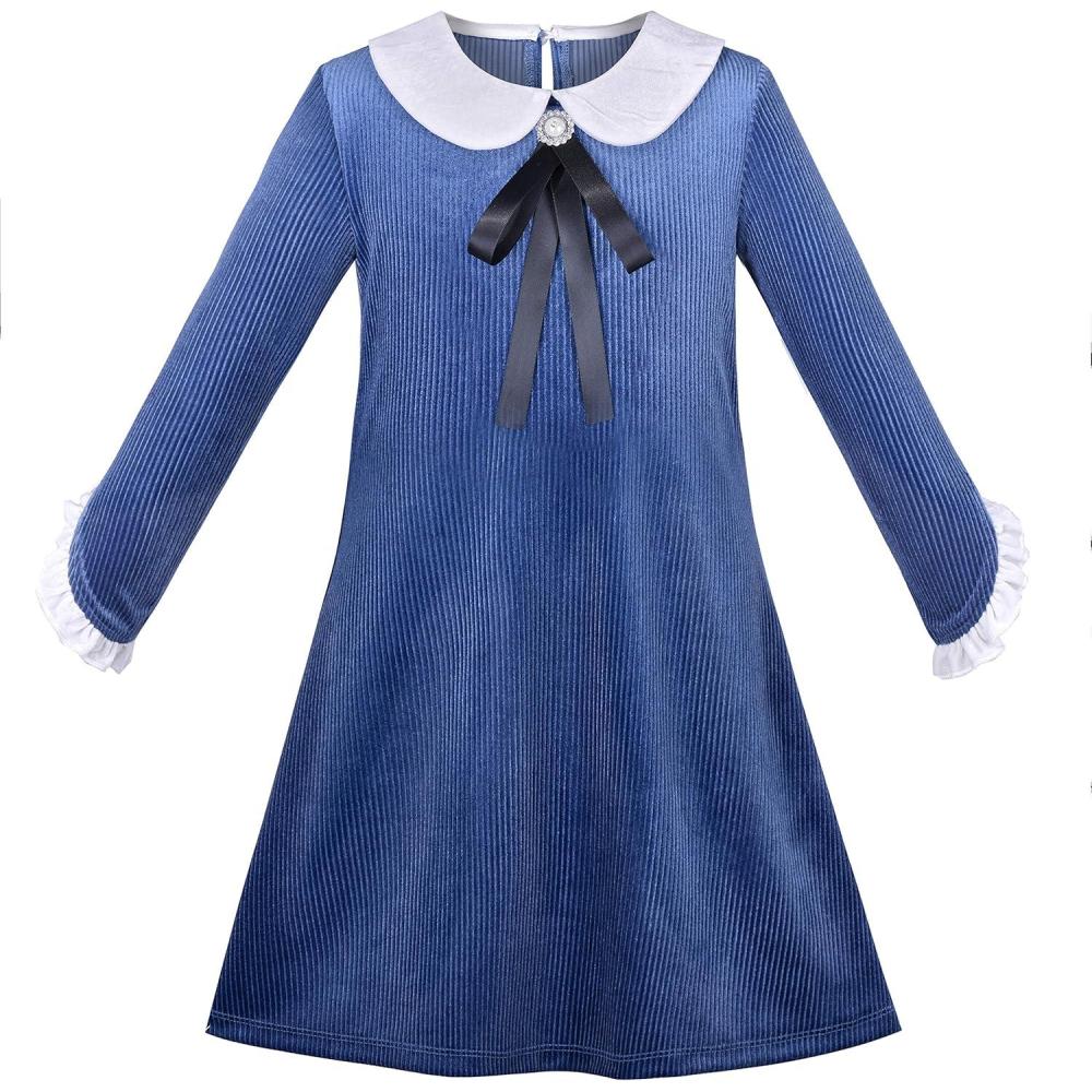 imageSunny Fashion Girls Dress White Collar Long Sleeve School Uniform Size 510Blue
