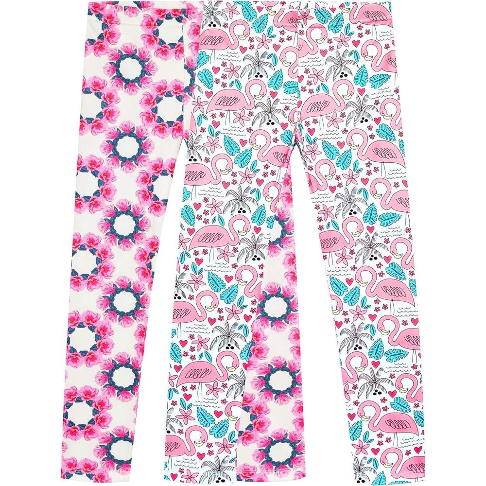 imageSunny Fashion Girls Pants 3Pack Cotton Leggings Lace Stretchy Kids ToddlerFlower Flamingo Set