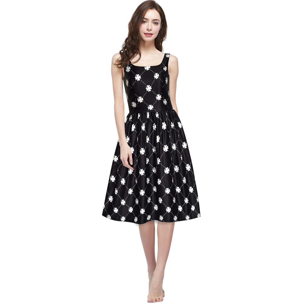 imageSunny Fashion Women Clover Pattern Black Swing Casual Party Midi Tea DressBlack