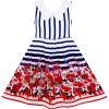 Girls Dress Turn-Down Collar Stripes Rose Flower Print Blue Size 7-14 Years 10 Years / Blue