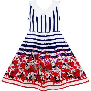 Girls Dress Turn-Down Collar Stripes Rose Flower Print Blue Size 7-14 Years 10 Years / Blue