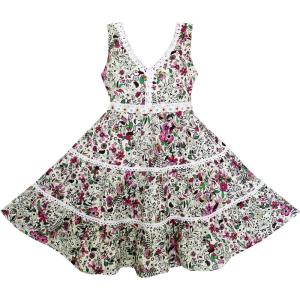 Girls Dress V-Neck Lace Trim Flower Leaves Print Size 4-10 Years 5 Years / Multi-Color