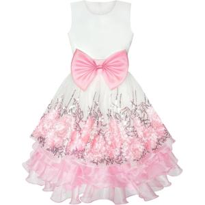 Sunny Fashion Flower Girls Dress Pink Sequin Dimensional Flowers Bow Tie Pageant