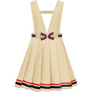 Sunny Fashion Girls Dress Beige Suspender School Uniform Bow Tie Size 7-14(Khaki)