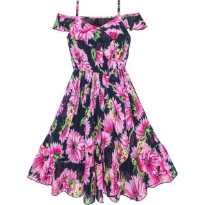 Sunny Fashion Girls Dress Chiffon Sunflower Ruffle Cold Shoulder Maxi Dress