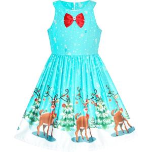 Sunny Fashion Girls Dress Christmas Eve Christmas Tree Snow Reindeer Party(Blue Reindeer)