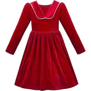 Sunny Fashion Girls Dress Christmas Hat Red Velvet Long Sleeve Holiday Size 4-14(Claret Red)