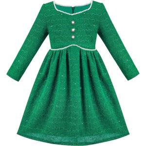 Sunny Fashion Girls Dress Christmas Hat Red Velvet Long Sleeve Holiday Size 4-14(Green Tweed)