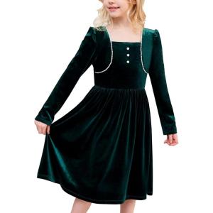 Sunny Fashion Girls Dress Christmas Hat Red Velvet Long Sleeve Holiday Size 4-14(Green Velvet)