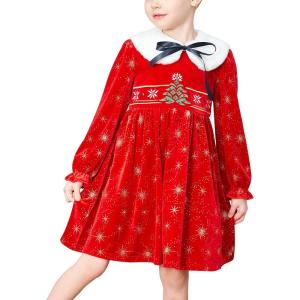 Sunny Fashion Girls Dress Christmas Hat Red Velvet Long Sleeve Holiday Size 4-14(Red White Collar)