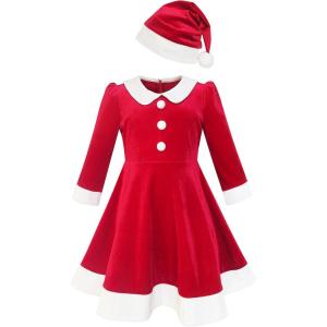 Sunny Fashion Girls Dress Christmas Santa Hat Long Sleeve Party New Year(Red)